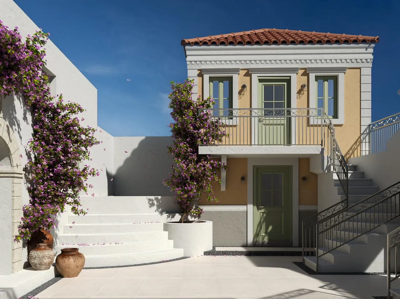 Mediterranean-style home with a red tile roof, yellow walls, and green doors. White stairs and purple bougainvillea add charm.