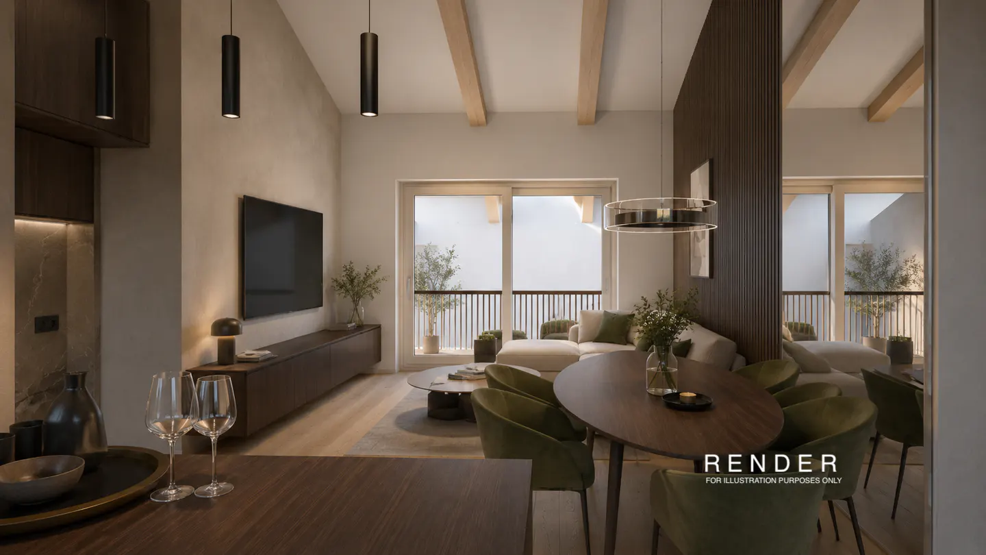 A modern living room with a dining area, featuring a dark wood table, green chairs, and a beige sofa. A TV is mounted on the wall.