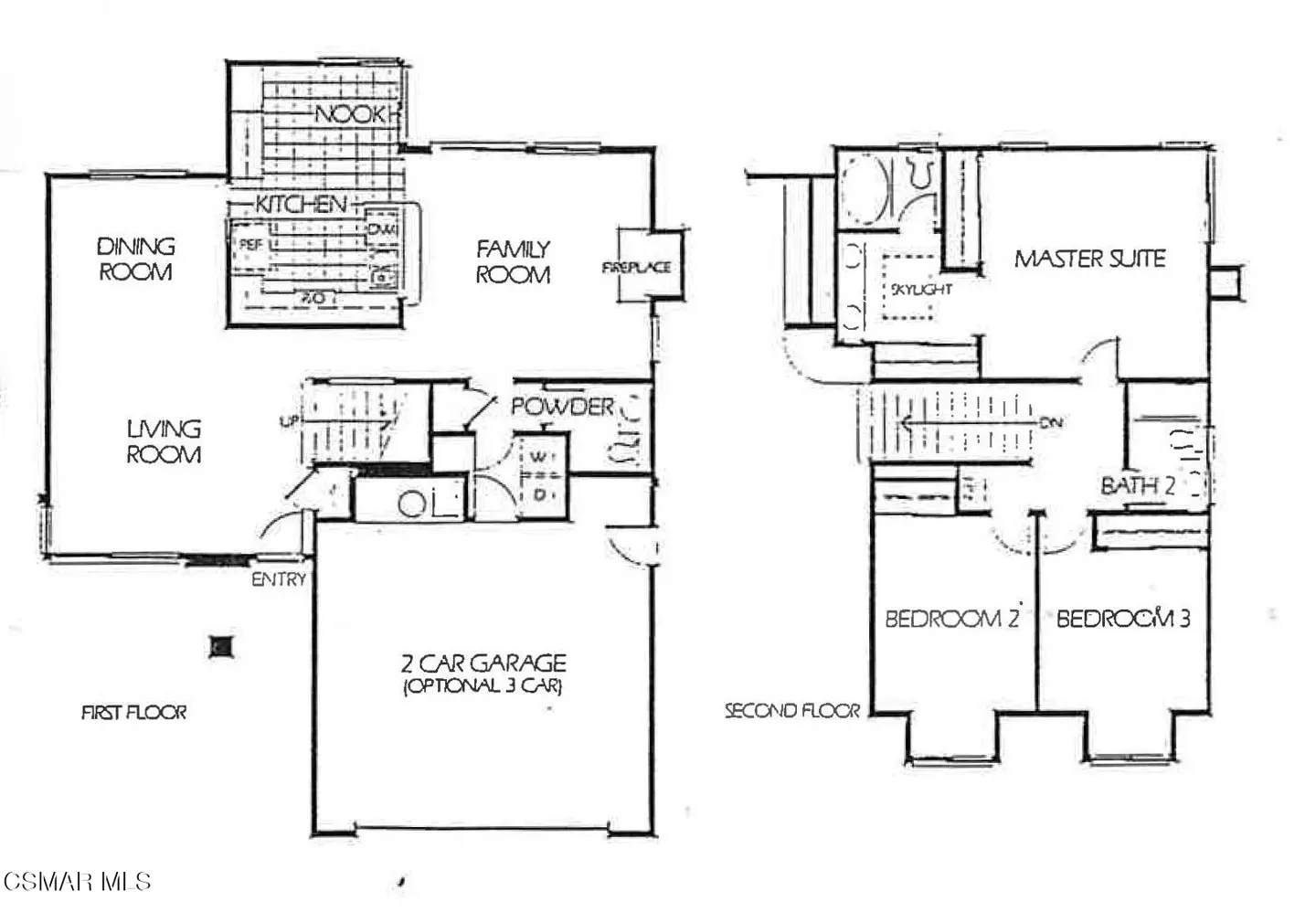 Blueprint floor plan of a two-story house, showing the layout of rooms on the first and second floors.