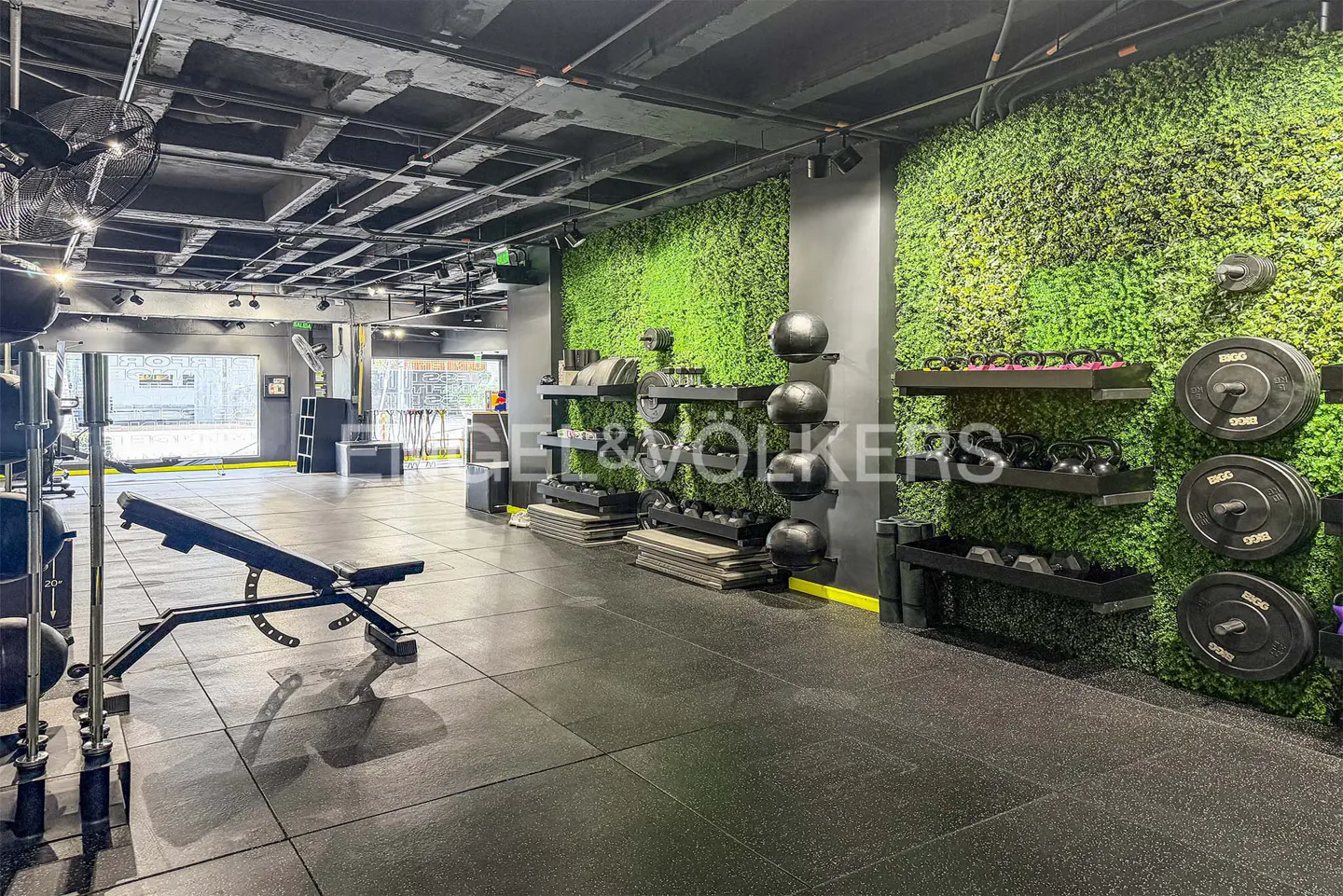 A modern gym with black rubber flooring, green plant wall, and weightlifting equipment.
