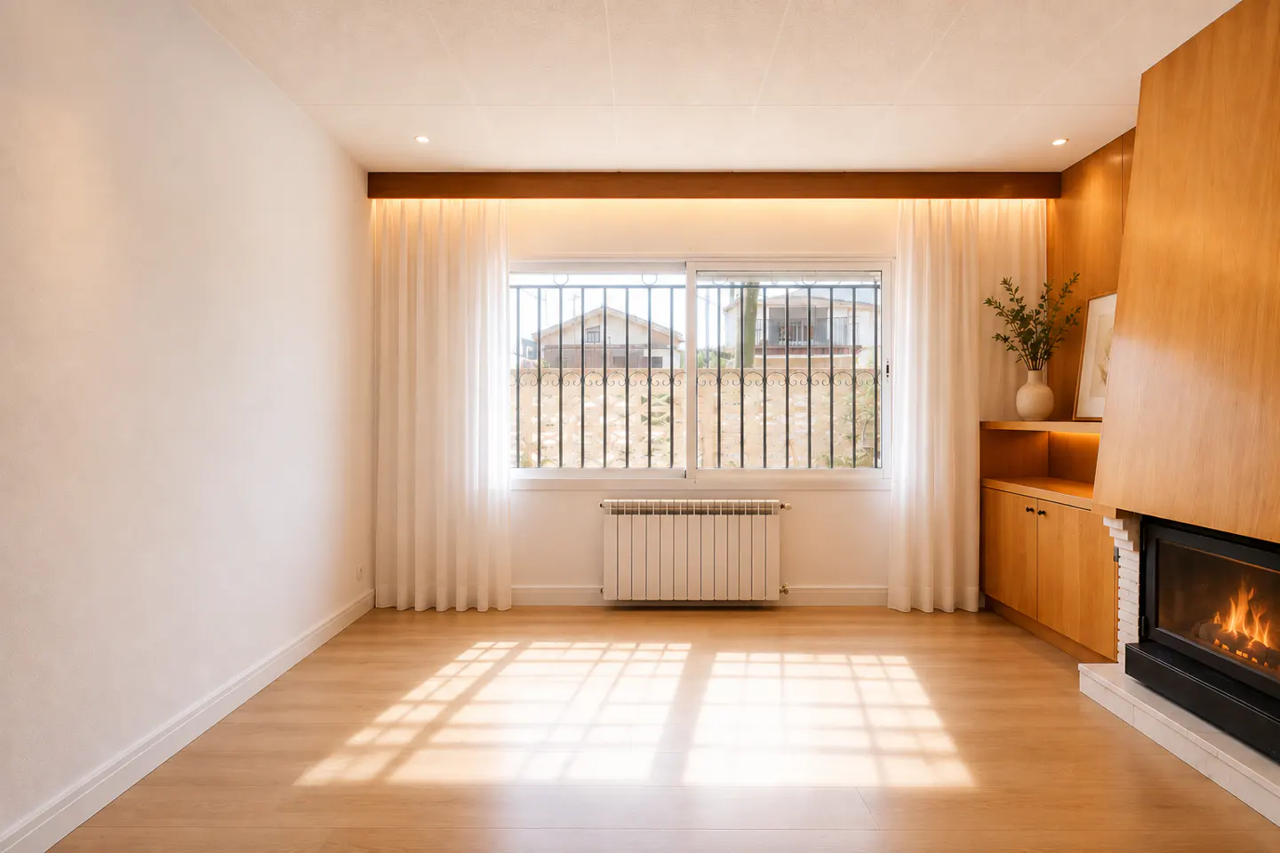 Bright living room with wood floors, white walls, and a fireplace. A window with bars and white curtains overlooks a neighborhood.