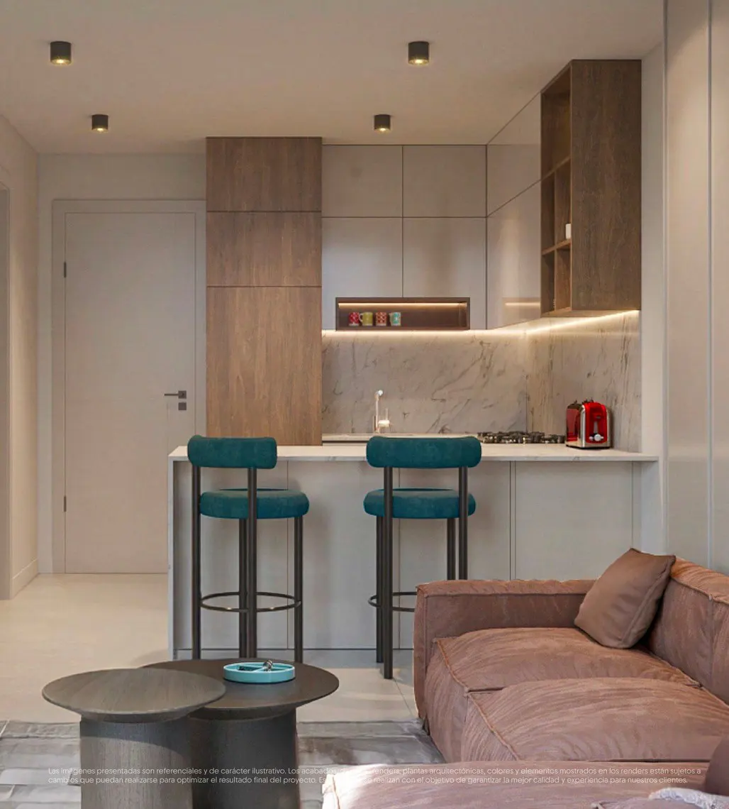 Interior view of a modern kitchen and living room with teal stools, a brown sofa, and wood cabinets.