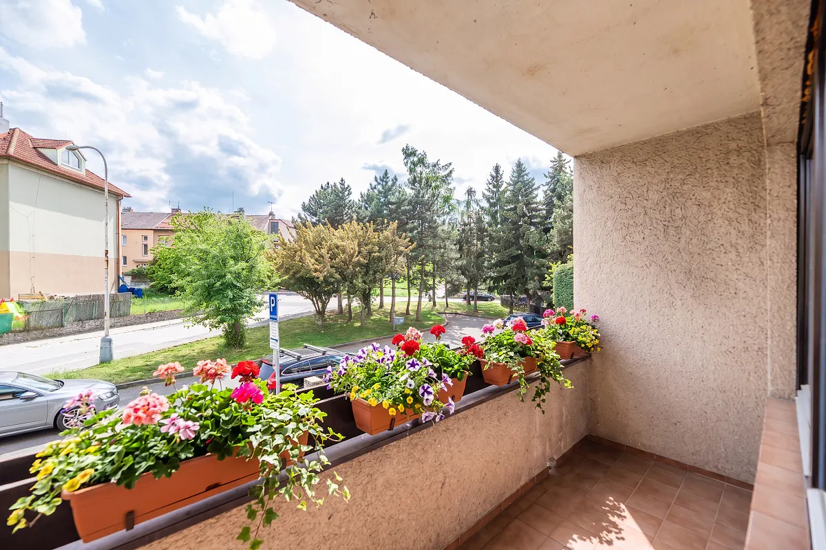 Balcony view with flower boxes. Colorful flowers in brown planters line the balcony. Trees and buildings are visible in the background.