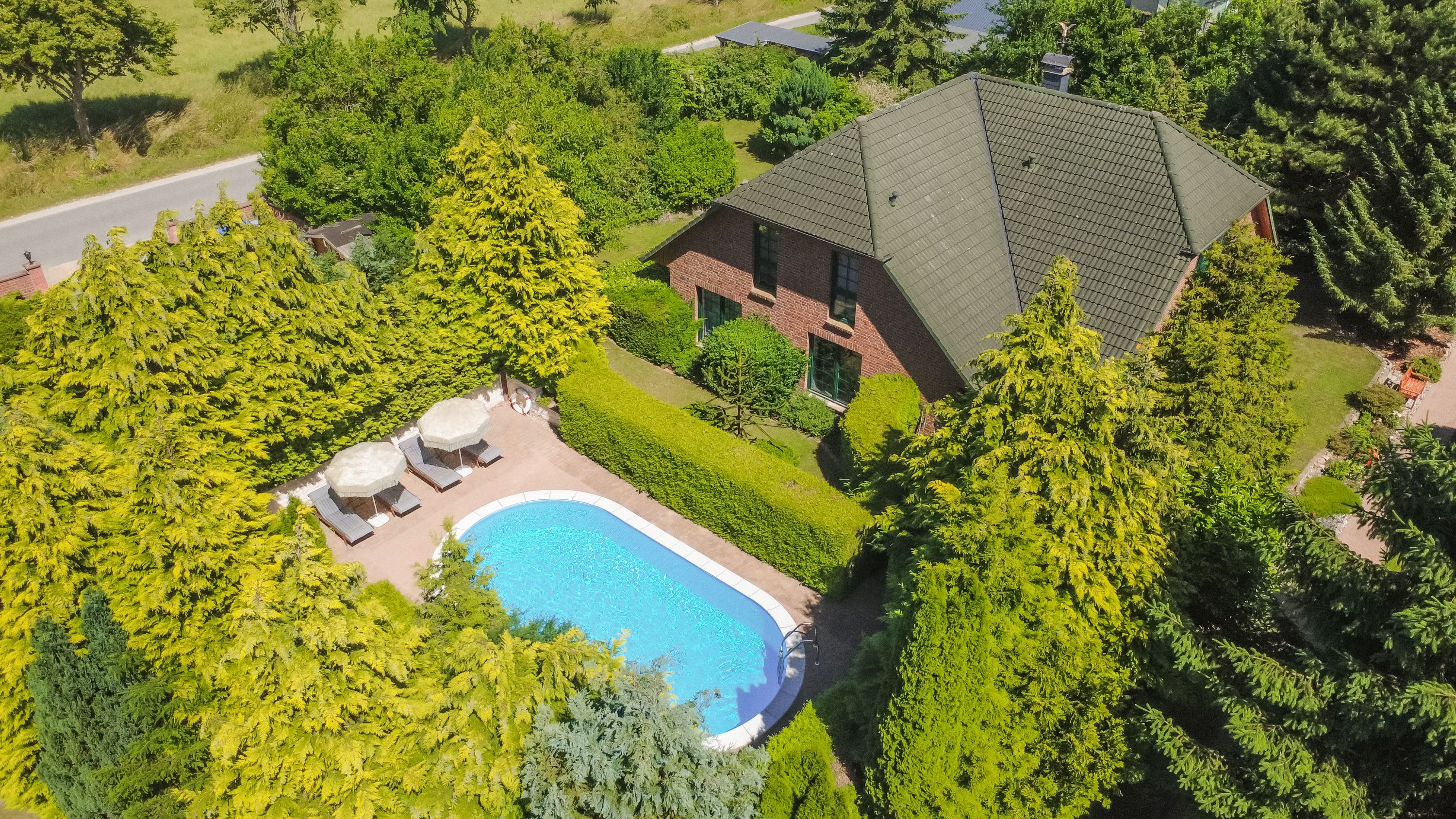 Aerial view of a brick house with a green roof, featuring a backyard pool, lounge chairs, and lush surrounding trees.