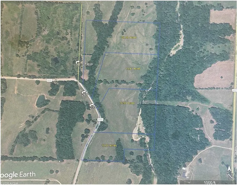 Aerial view of land for sale, divided into four sections with blue borders, showing acreage amounts. Road 3151 runs along the left side.