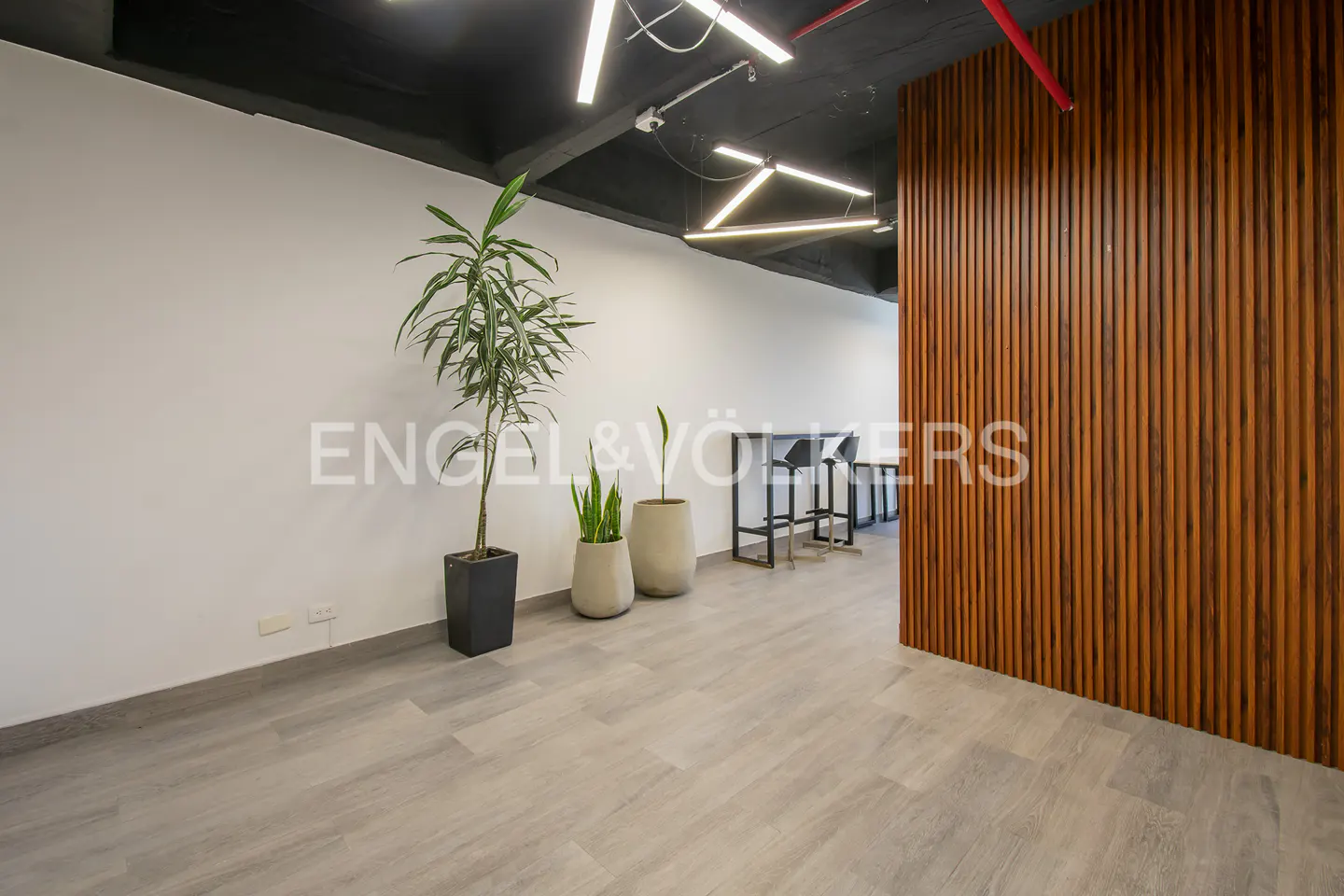 Office space with wood-look tile floor, white walls, and a wood slat wall. Potted plants and bar stools are visible.