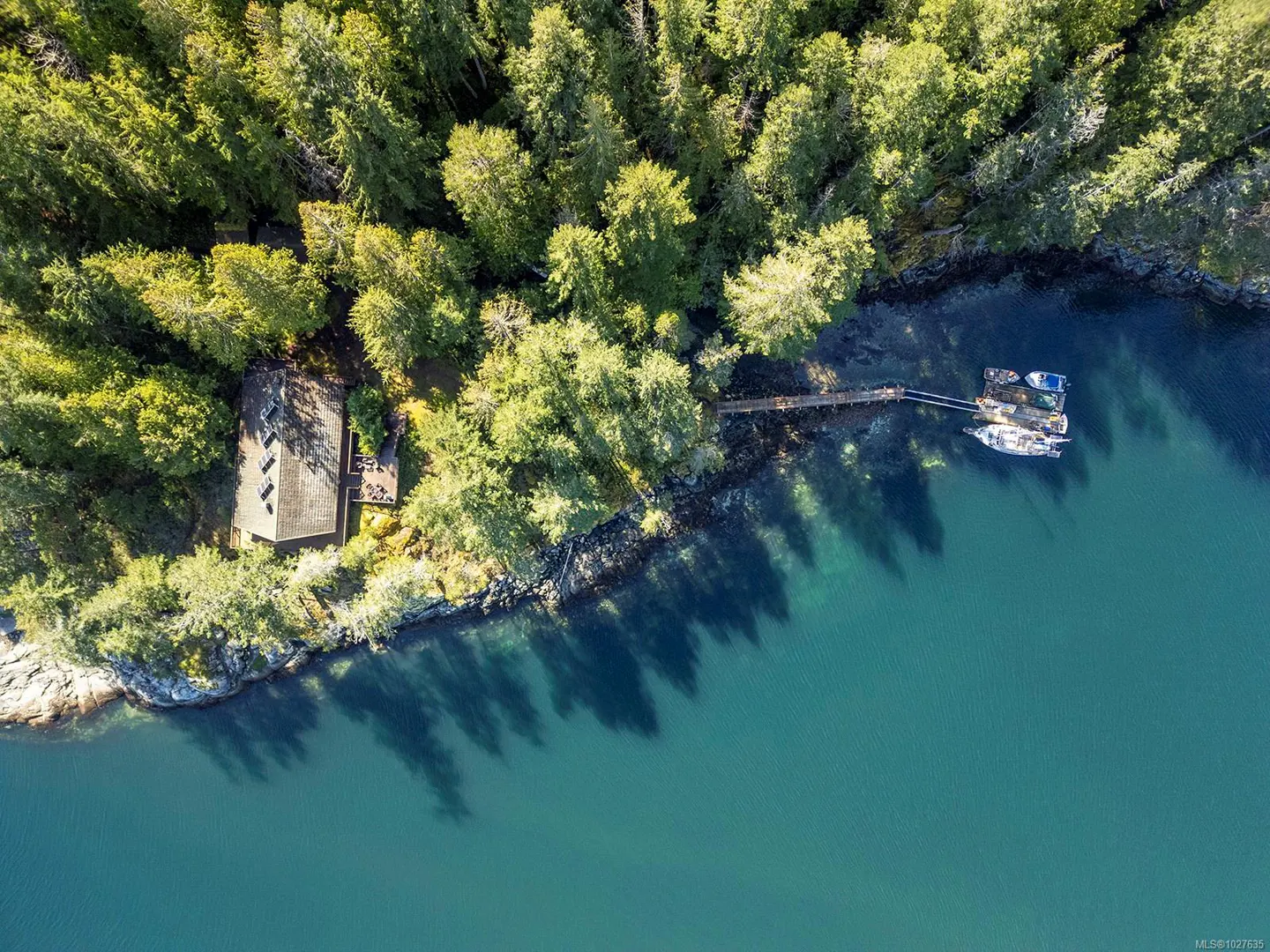 Aerial view of a house nestled in green trees, with a dock and boats on the blue water.