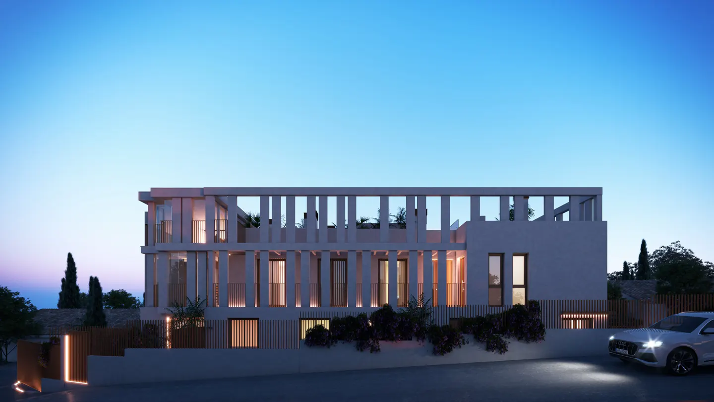 Modern three-story white house with vertical slats and a flat roof at dusk. A white car is parked in front.
