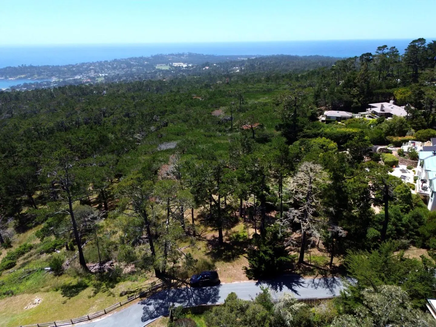 Aerial view of a wooded area with a road, a car, and the ocean in the background.