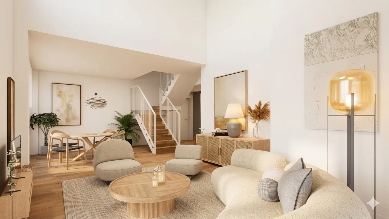 Bright, modern living room with beige sofa, chairs, and wood table. Stairs lead to an upper level. Artwork and plants add to the decor.
