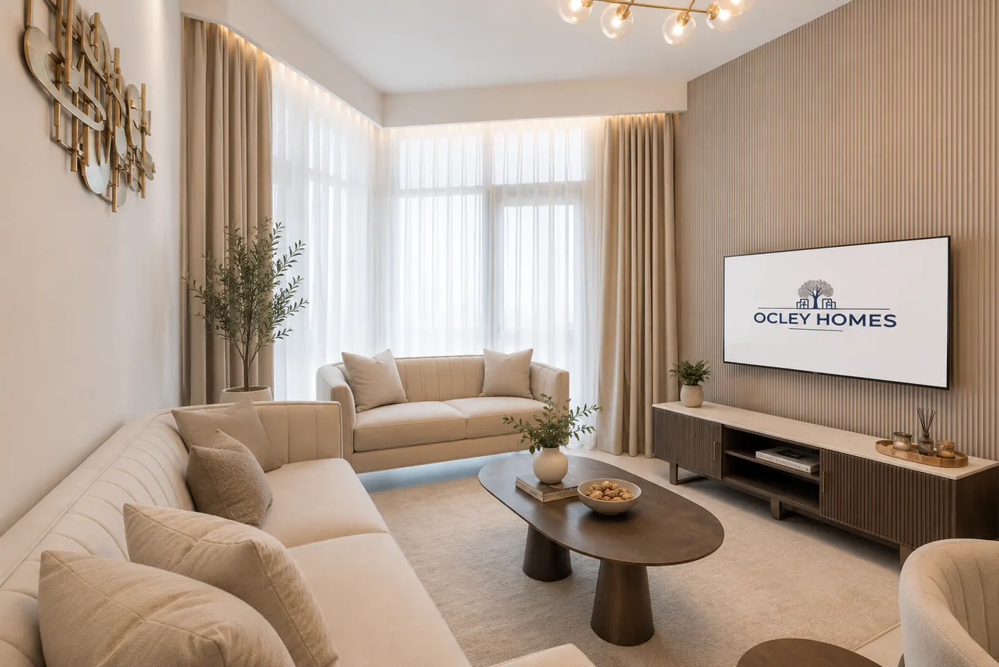 Living room with beige sofas, oval coffee table, and TV displaying "Ocley Homes" logo. Neutral tones and modern design.