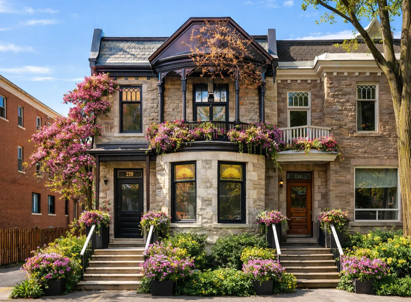 Two-story stone duplex with black and brown trim, flowers on balconies and steps, and address numbers 218 and 220.