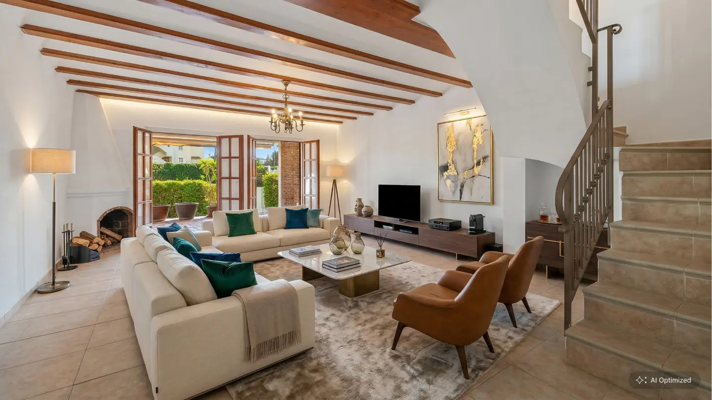 Bright living room with white sofas, brown chairs, and a marble coffee table on a gray rug. A staircase is on the right.