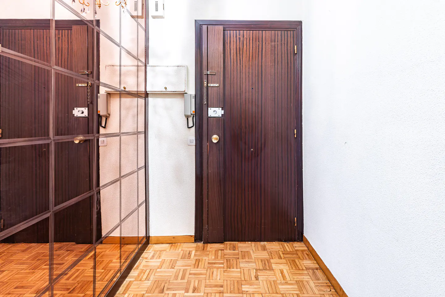Entryway with parquet floor, white walls, and two dark wood doors. One door is reflected in a grid-patterned mirror.