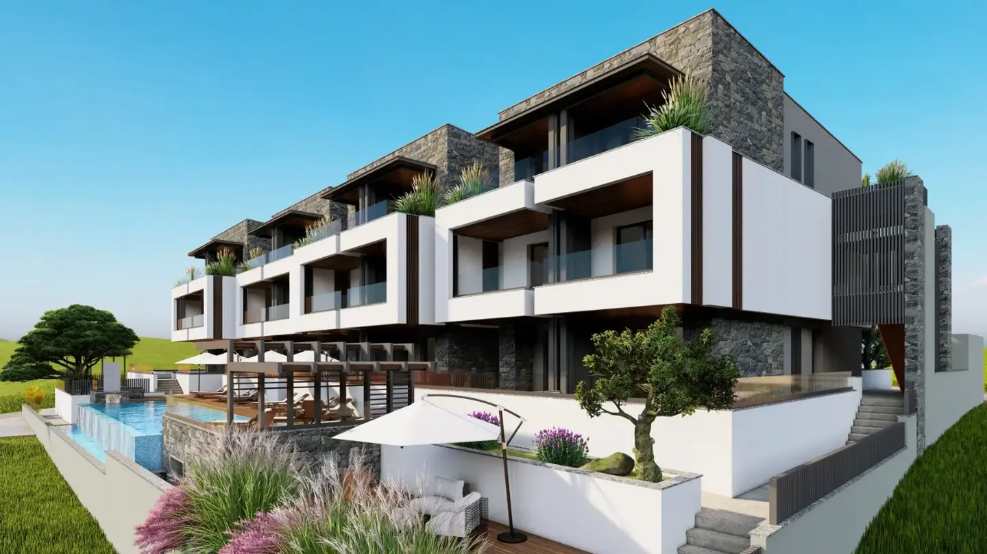 Modern multi-story building with white walls, stone accents, and balconies. A pool and patio are visible in the foreground.