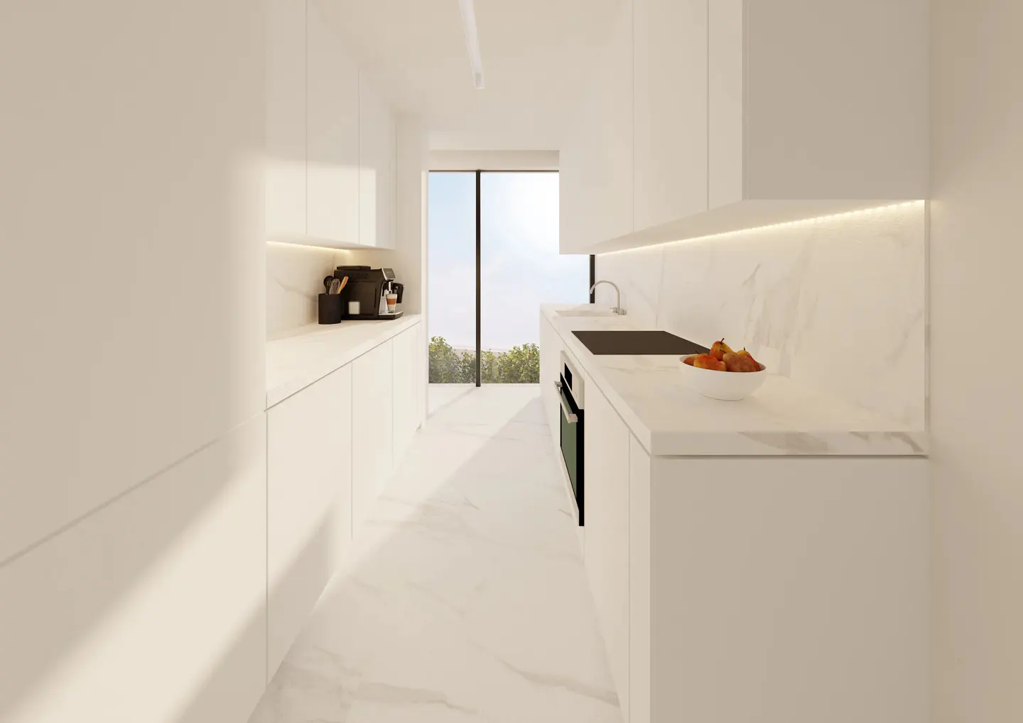 A modern, all-white kitchen with marble countertops and a large window overlooking greenery. A coffee maker sits on the left counter.