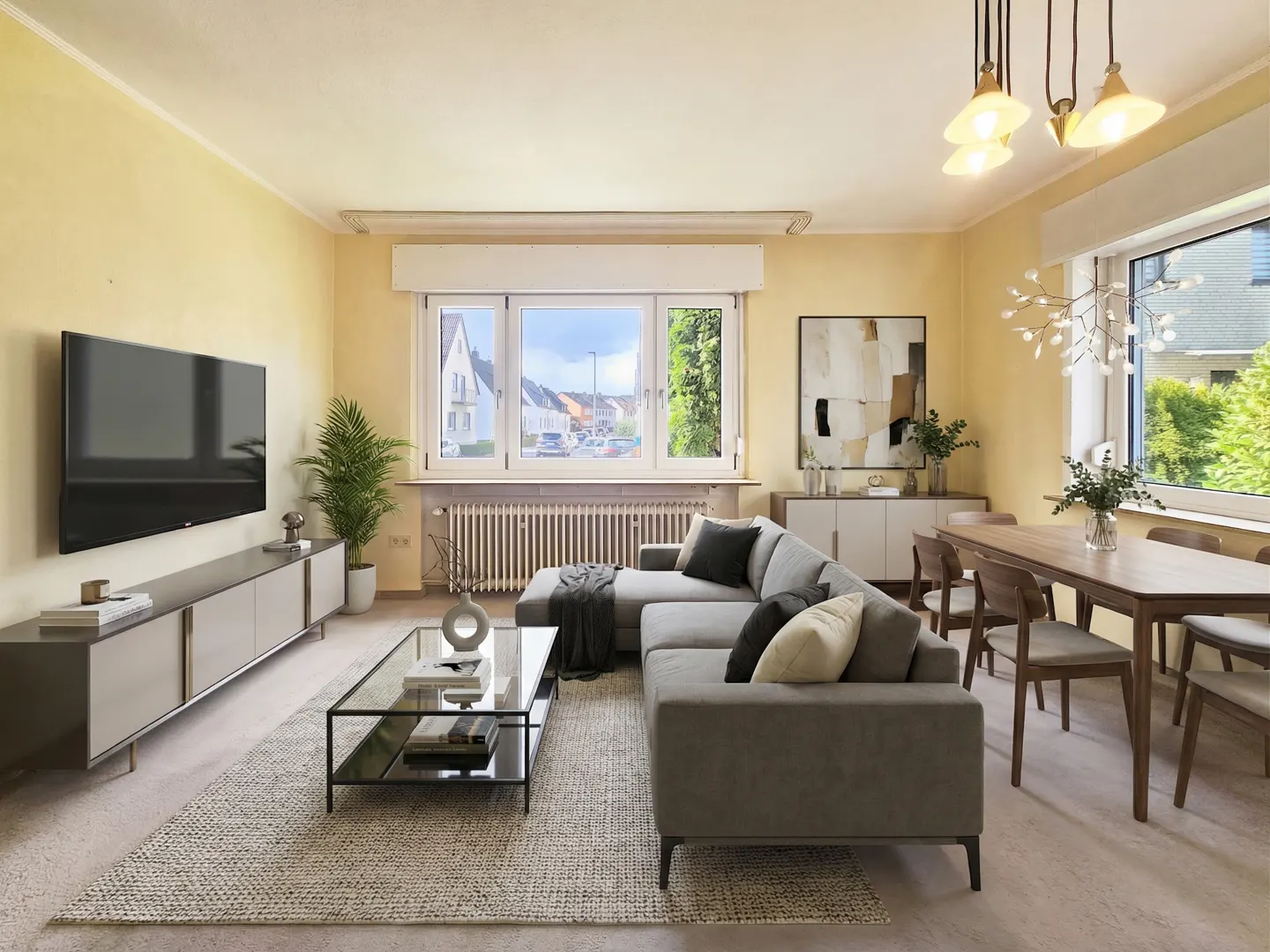 A bright living room with yellow walls, a gray sectional sofa, a dining table, and a large window.