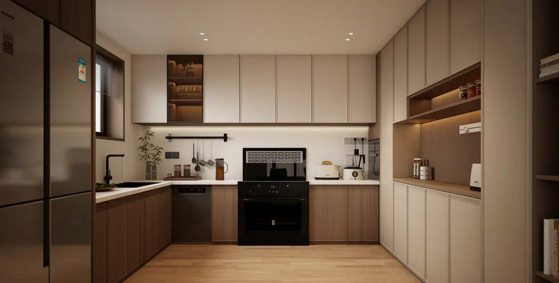 Modern kitchen with light wood floors, two-tone cabinets, stainless steel fridge, and black oven.