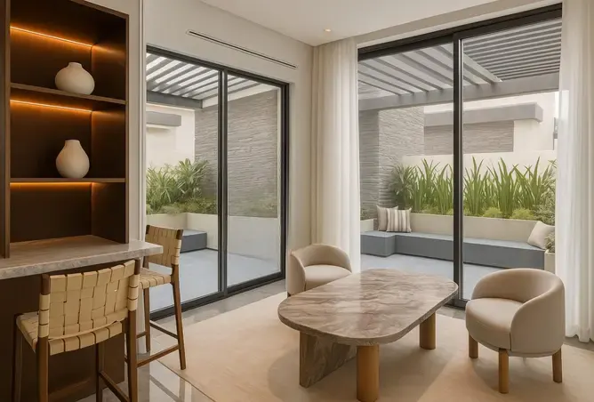 Living room with bar, chairs, and marble table. Sliding glass doors open to a patio with seating and greenery. Neutral color palette.