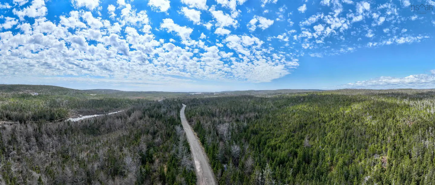 Aerial view of a road cutting through a dense green forest under a blue sky with scattered white clouds.