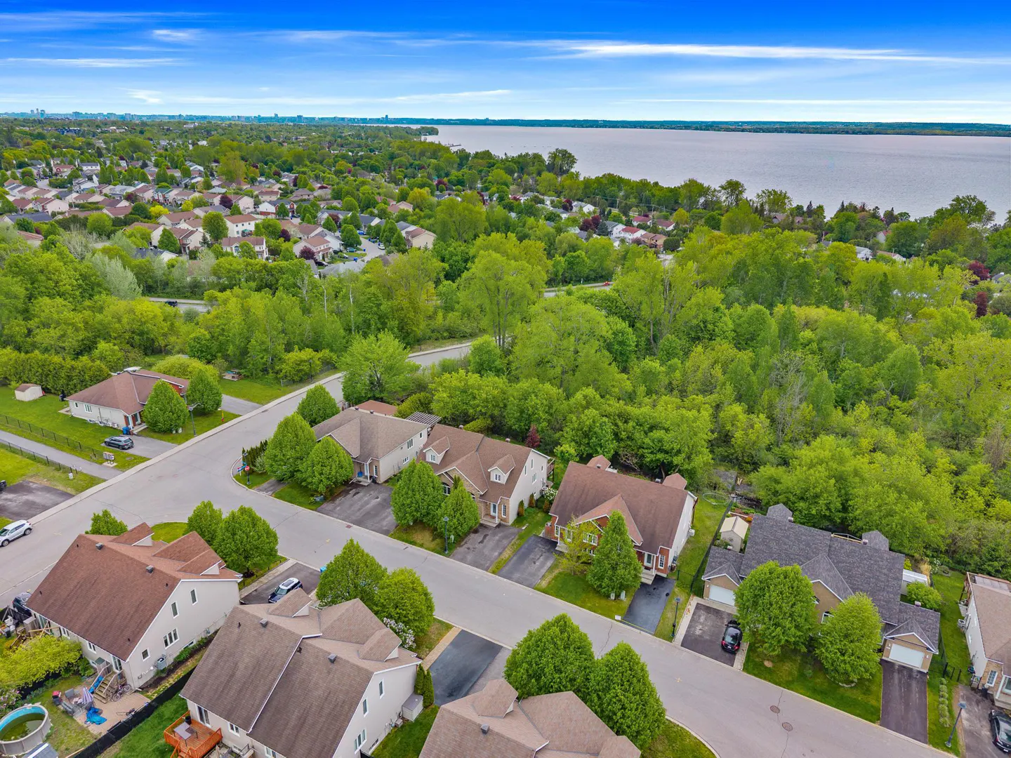 Aerial view of a suburban neighborhood with houses, lush green trees, and a large lake in the background under a blue sky.
