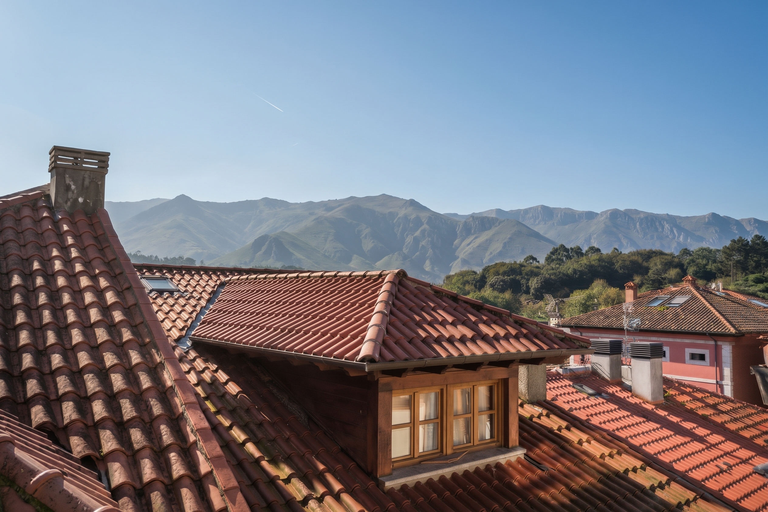 View of terracotta tiled roofs with a wooden dormer window, set against a backdrop of rolling mountains under a clear sky. [AI-generated text]