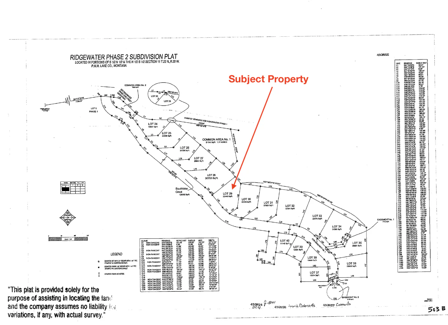 Plat map of Ridgewater Phase 2 subdivision, showing lot lines and dimensions. Red arrow points to "Subject Property" lot.