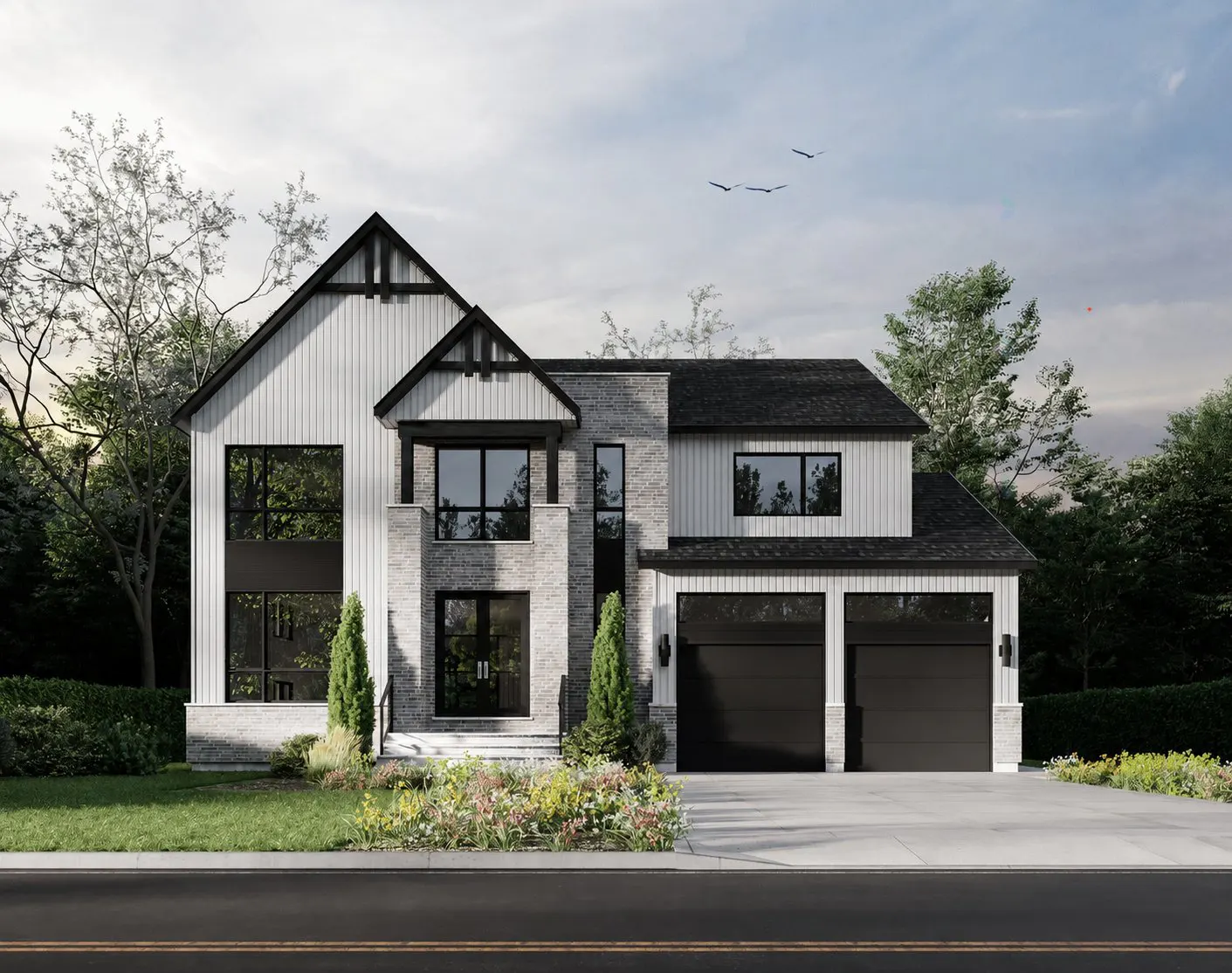 Two-story modern farmhouse with white siding, gray stone accents, black trim, and a two-car garage. Landscaped front yard.
