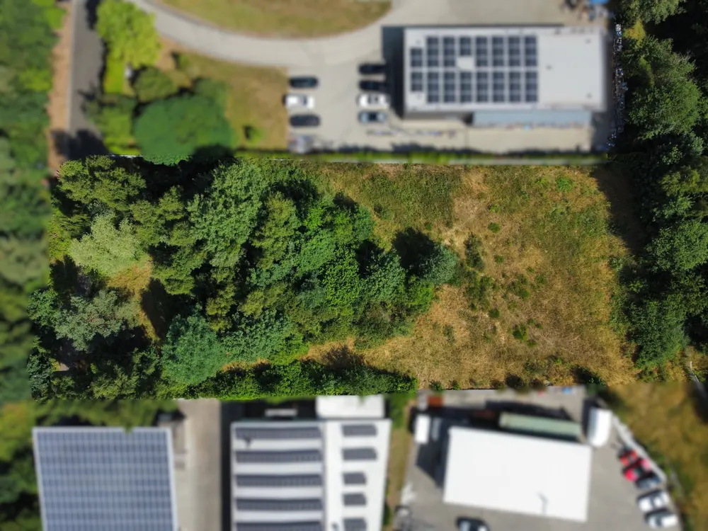 Aerial view of a vacant lot with green trees, brown grass, and buildings with solar panels in the background.