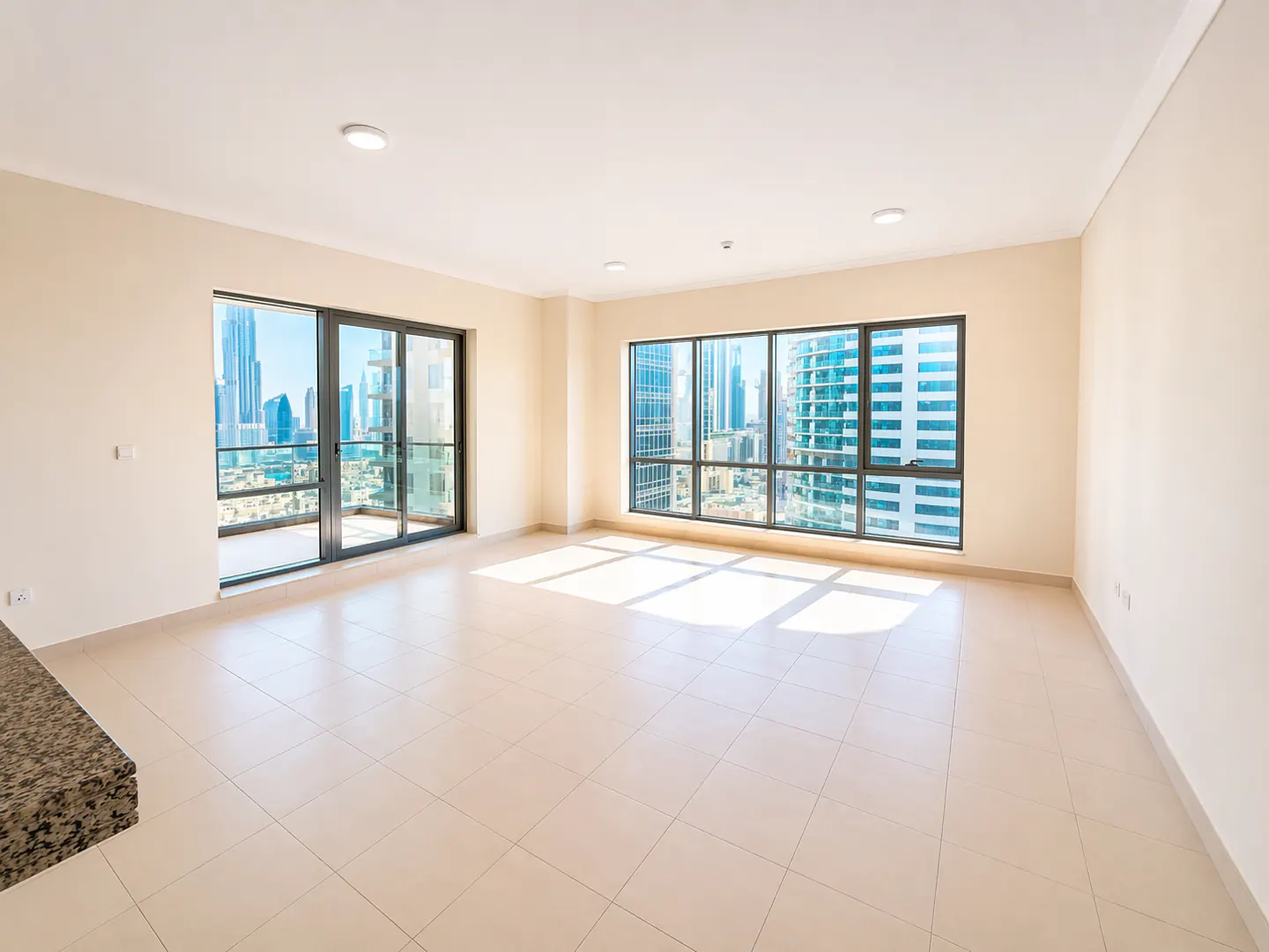 Empty apartment with beige walls, tile floor, and large windows. A city skyline is visible through the windows.