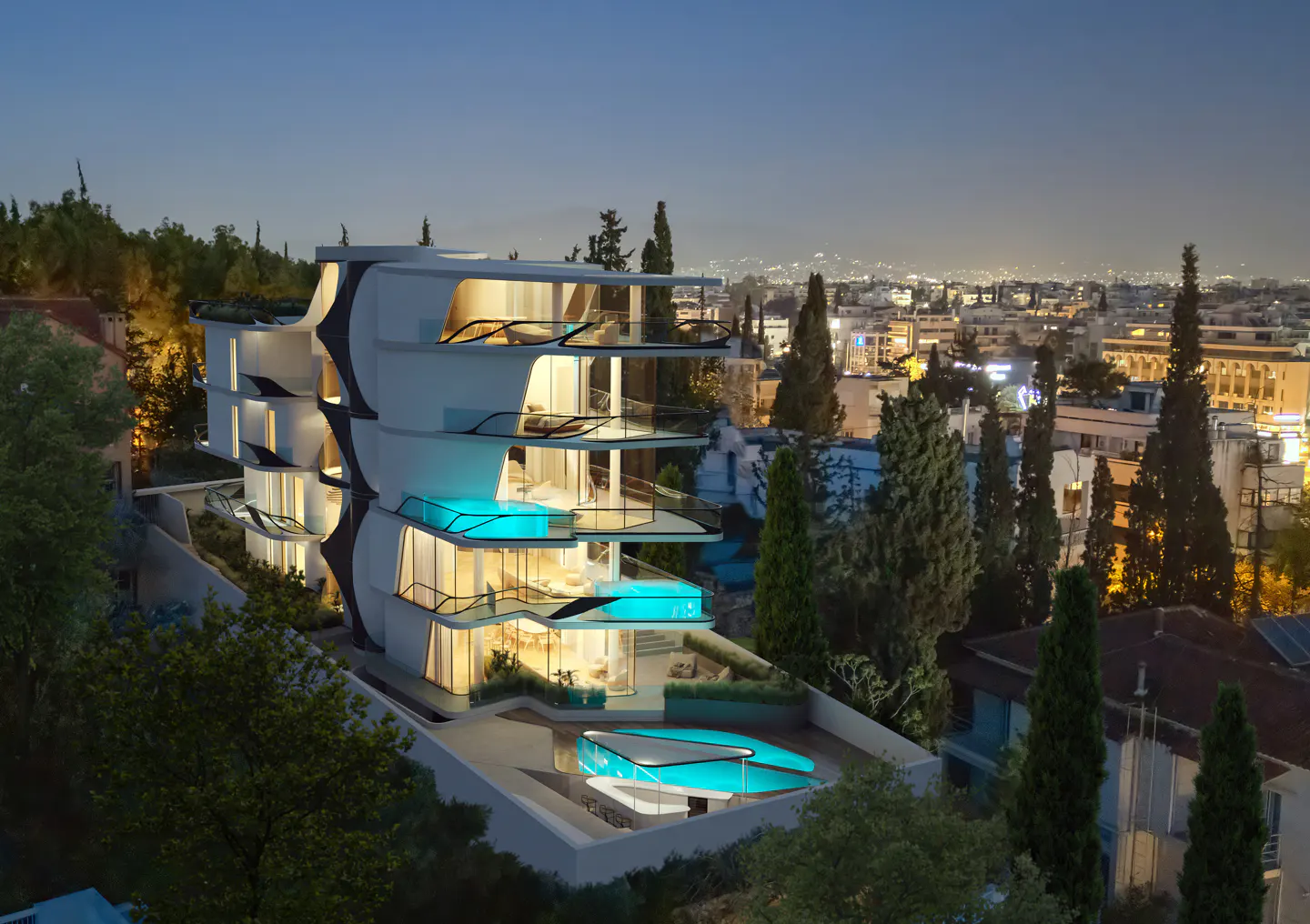 Modern white apartment building with pools on balconies at dusk, city lights in background.