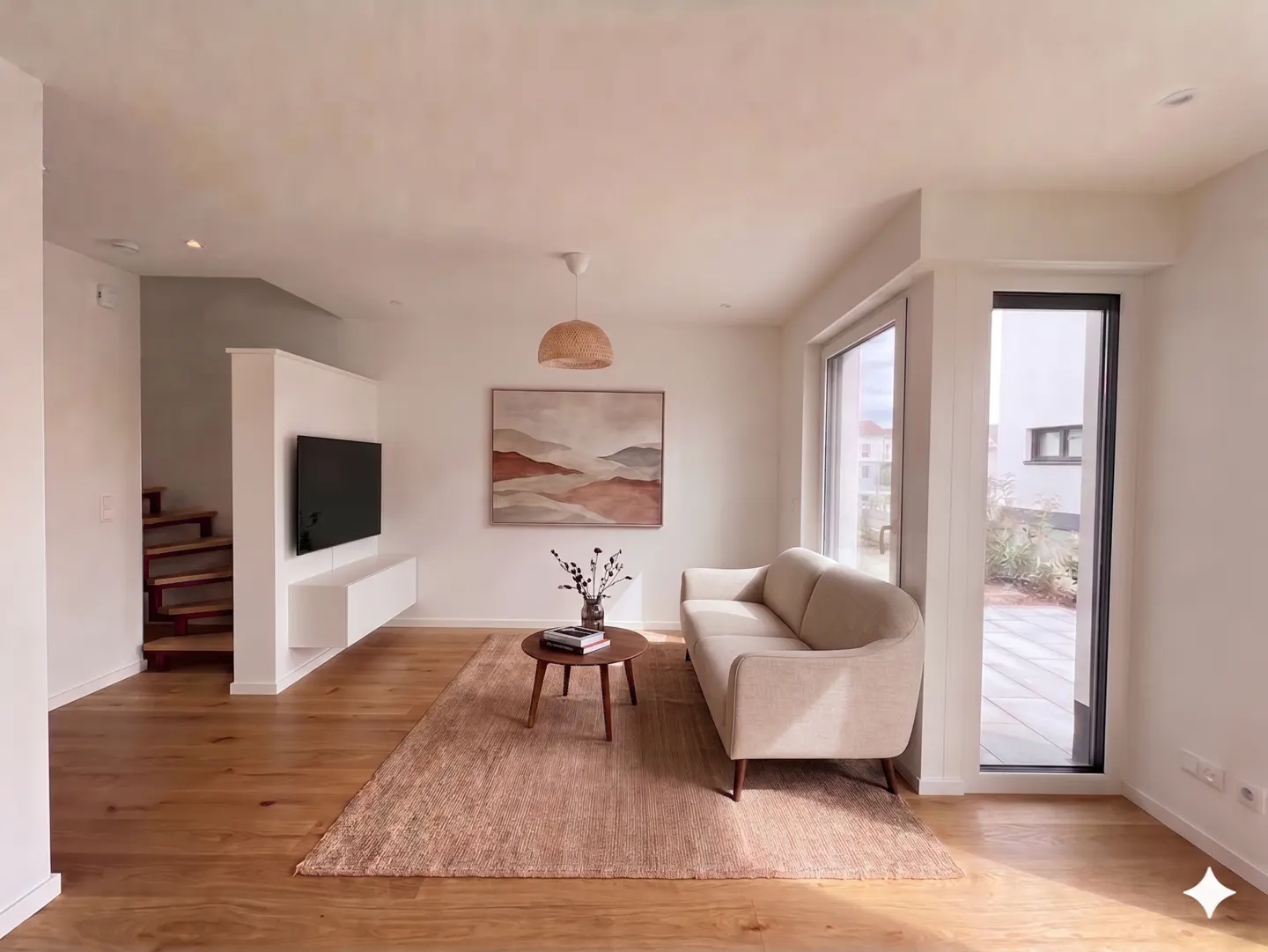 Bright living room with wood floors, beige sofa, and a round coffee table on a pink rug. A painting hangs above the sofa. A TV is mounted on a white wall.