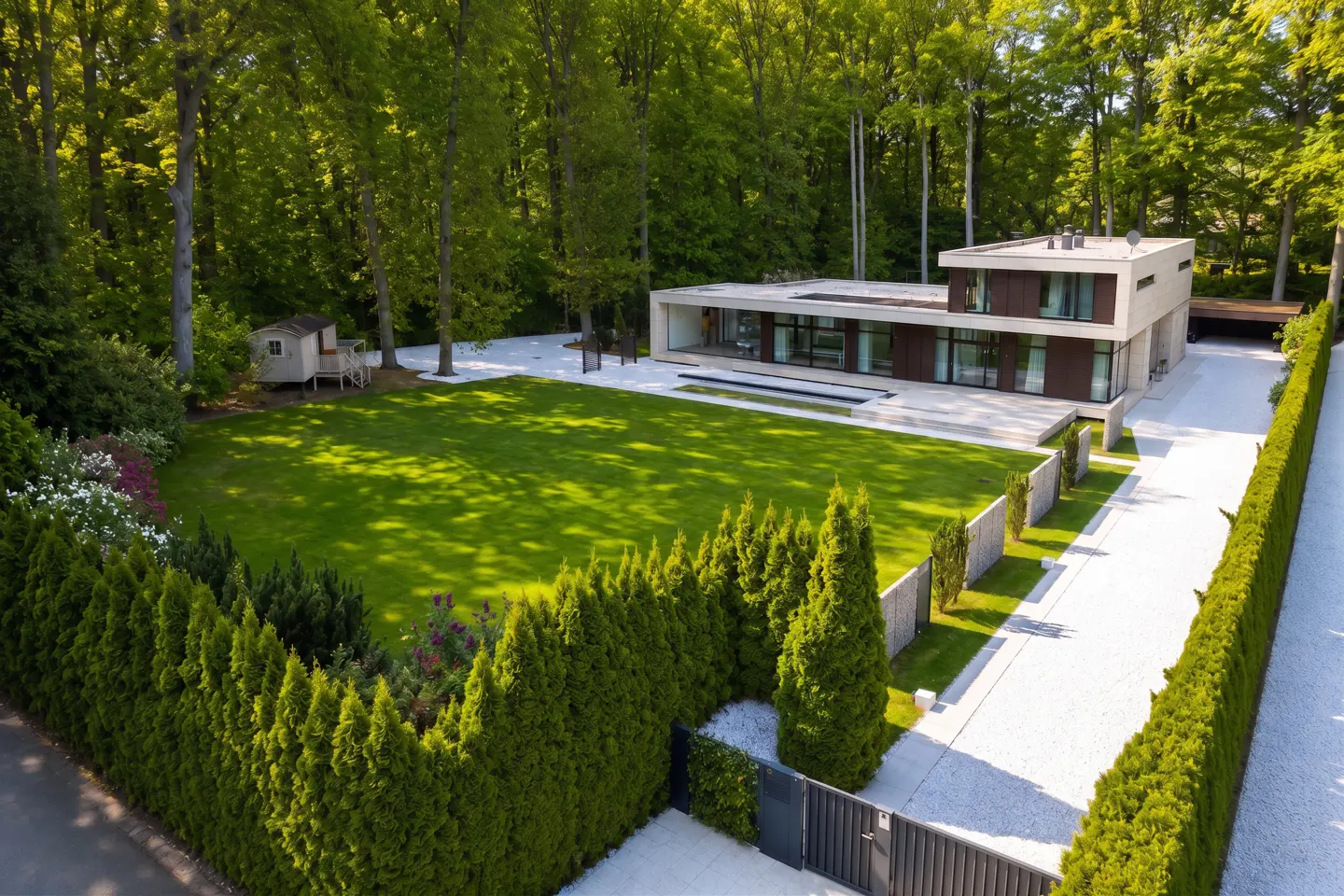 Two-story modern house with a large green lawn, surrounded by trees and a tall hedge. A small playhouse is visible in the background.