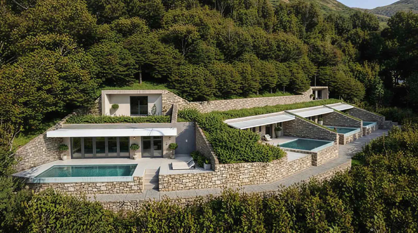 Modern hillside home with stone walls, green roofs, and pools. Lush trees surround the property.