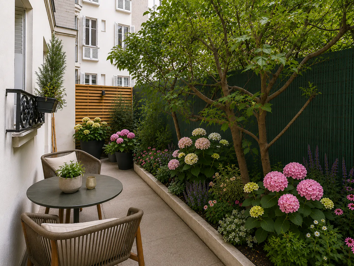 A cozy outdoor patio with a round table, two chairs, and lush greenery. Pink and white hydrangeas line the back, with trees and a green fence.