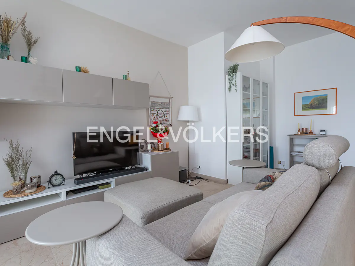 Living room with gray sofa, TV, and cabinets. A floor lamp arches over the sofa. A picture hangs on the white wall.