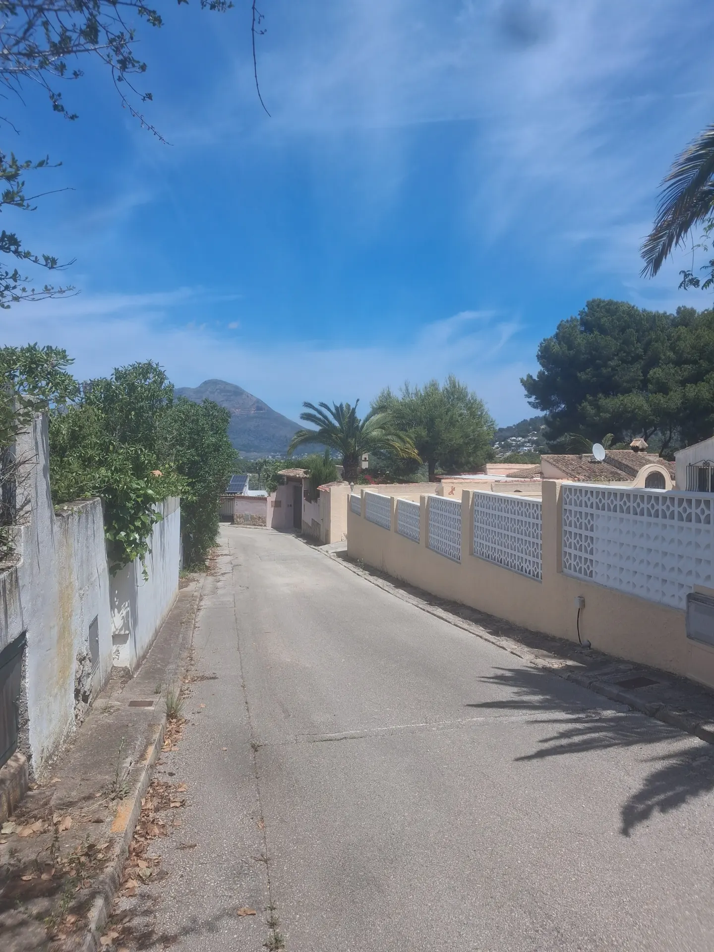 Street view of a residential area with houses and walls on either side, under a blue sky with a mountain in the distance.