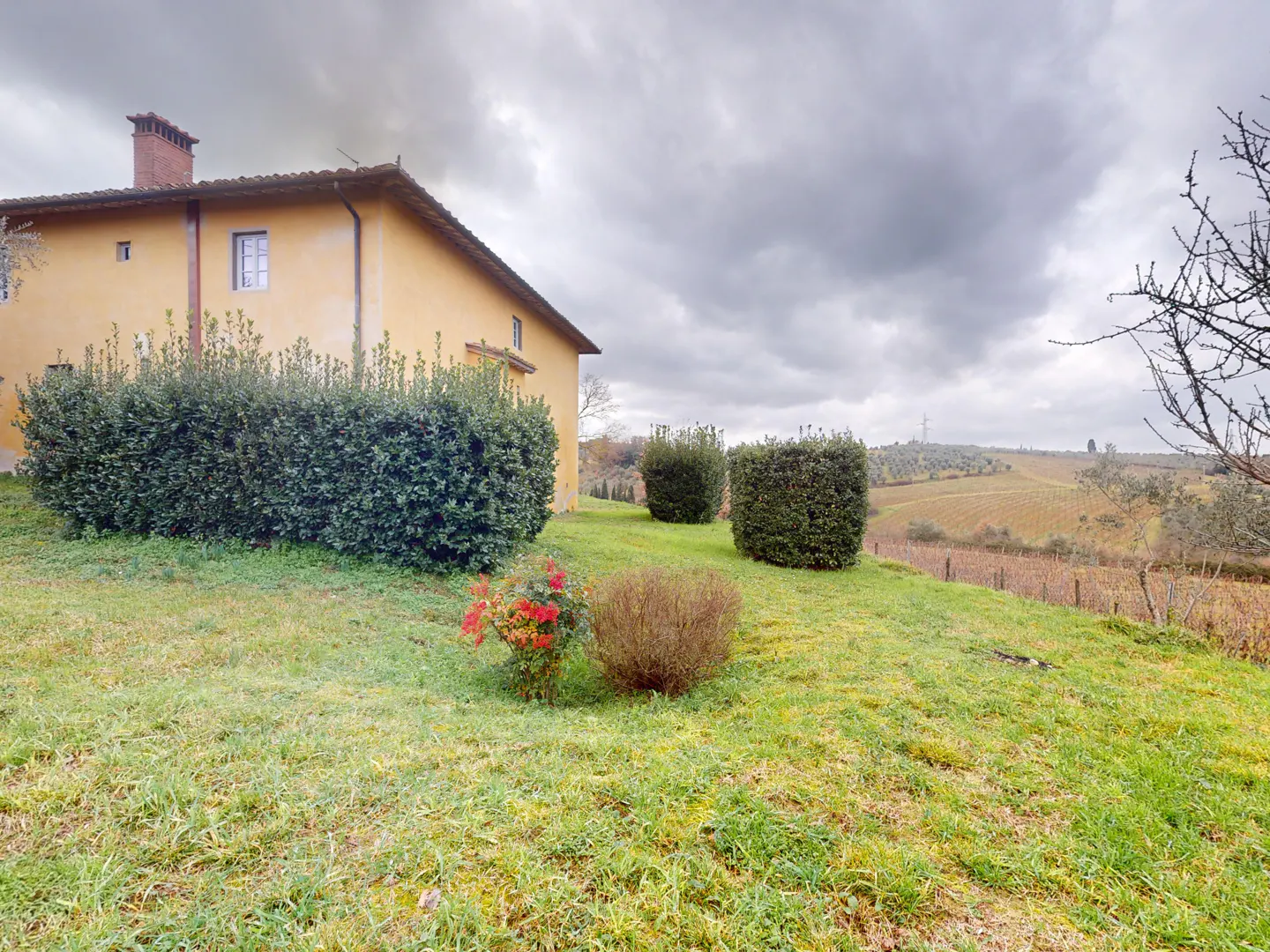 Exterior view of a yellow house with green bushes, red flowers, and a vineyard in the background under a cloudy sky.