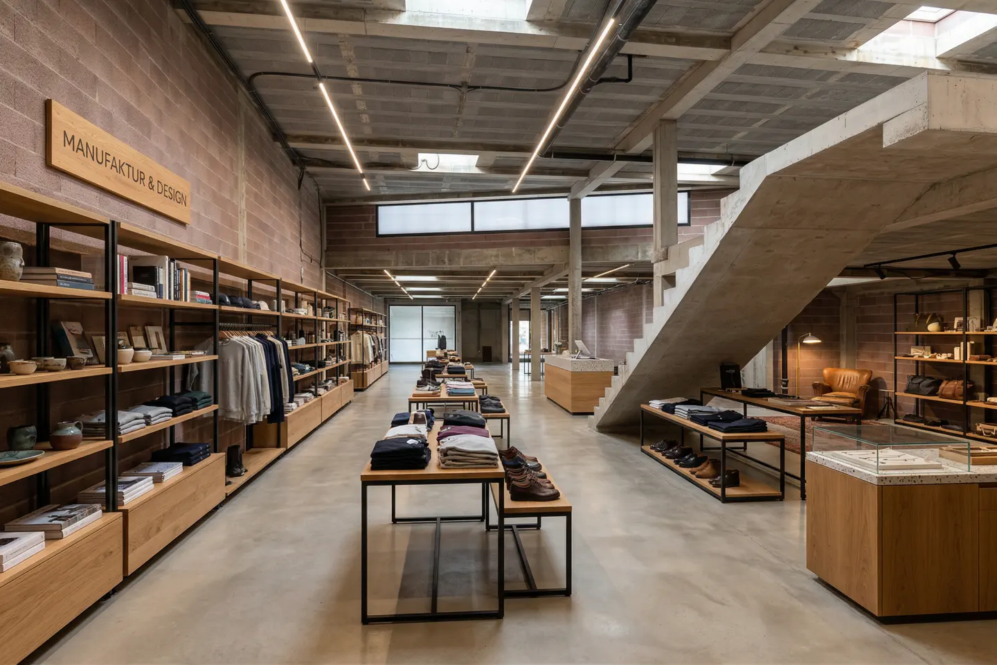 Retail space with exposed brick walls, concrete floors, and wooden shelves displaying clothing and accessories. A concrete staircase is visible.