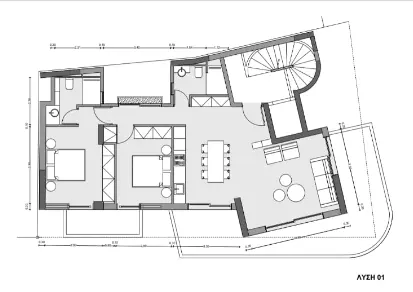 Black and white architectural floor plan showing two bedrooms, two bathrooms, kitchen, dining area, living room, and spiral staircase.