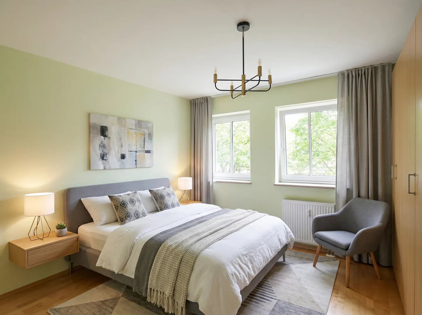 A bedroom with light green walls, a gray bed, and a modern chandelier. Two windows with gray curtains let in natural light.
