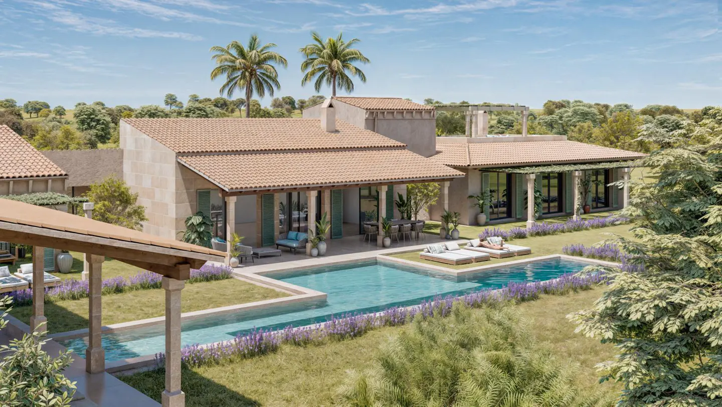 Luxury home with a pool. The house has a tan tile roof, stone walls, and green shutters. Palm trees and green grass surround the property.