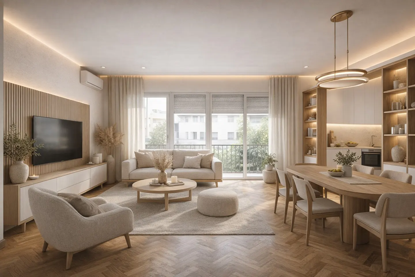 Bright, modern living room with a sofa, chair, and dining table. Large windows offer natural light. Wood floors and neutral tones create a warm ambiance.