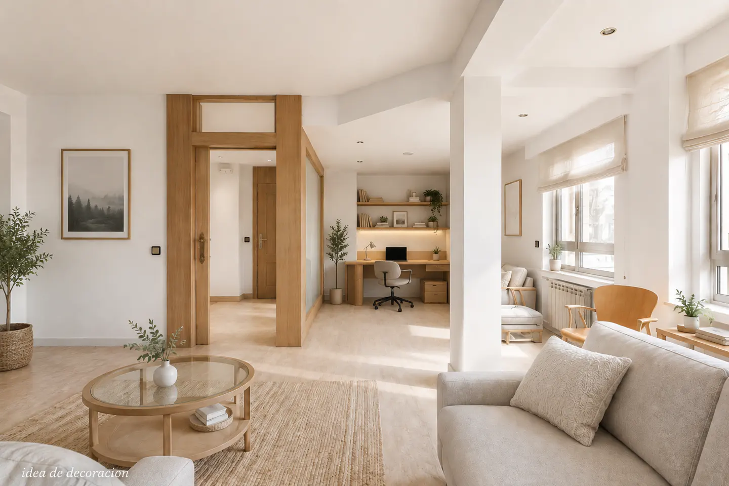 Bright, open-concept living space with a beige sofa, wood accents, and a home office area. Natural light streams through the windows.