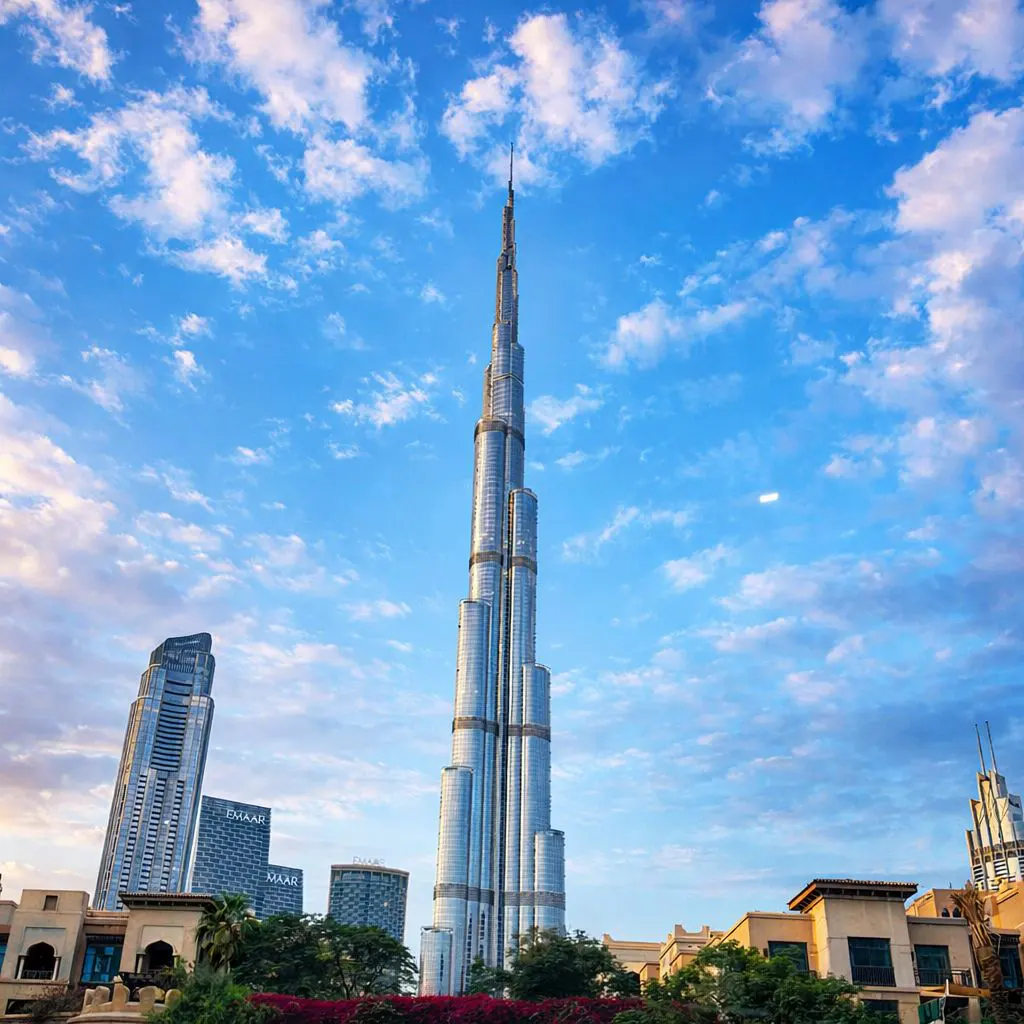The Burj Khalifa skyscraper in Dubai, a tall, modern building, rises against a blue sky with scattered clouds.