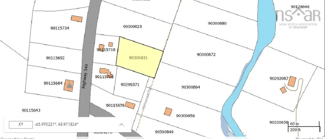 Map of land parcels with a highlighted yellow lot, labeled 90300831, near Highway 340 and a river.