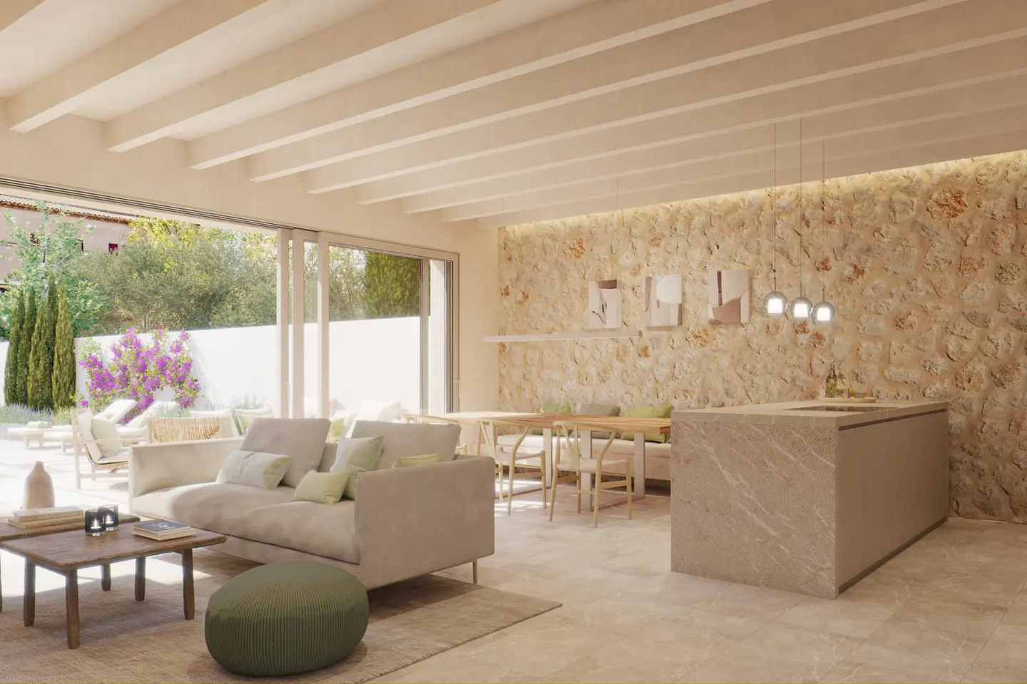 Modern open-plan living area with stone wall, beige sofa, marble kitchen island, and large glass doors to a garden patio.