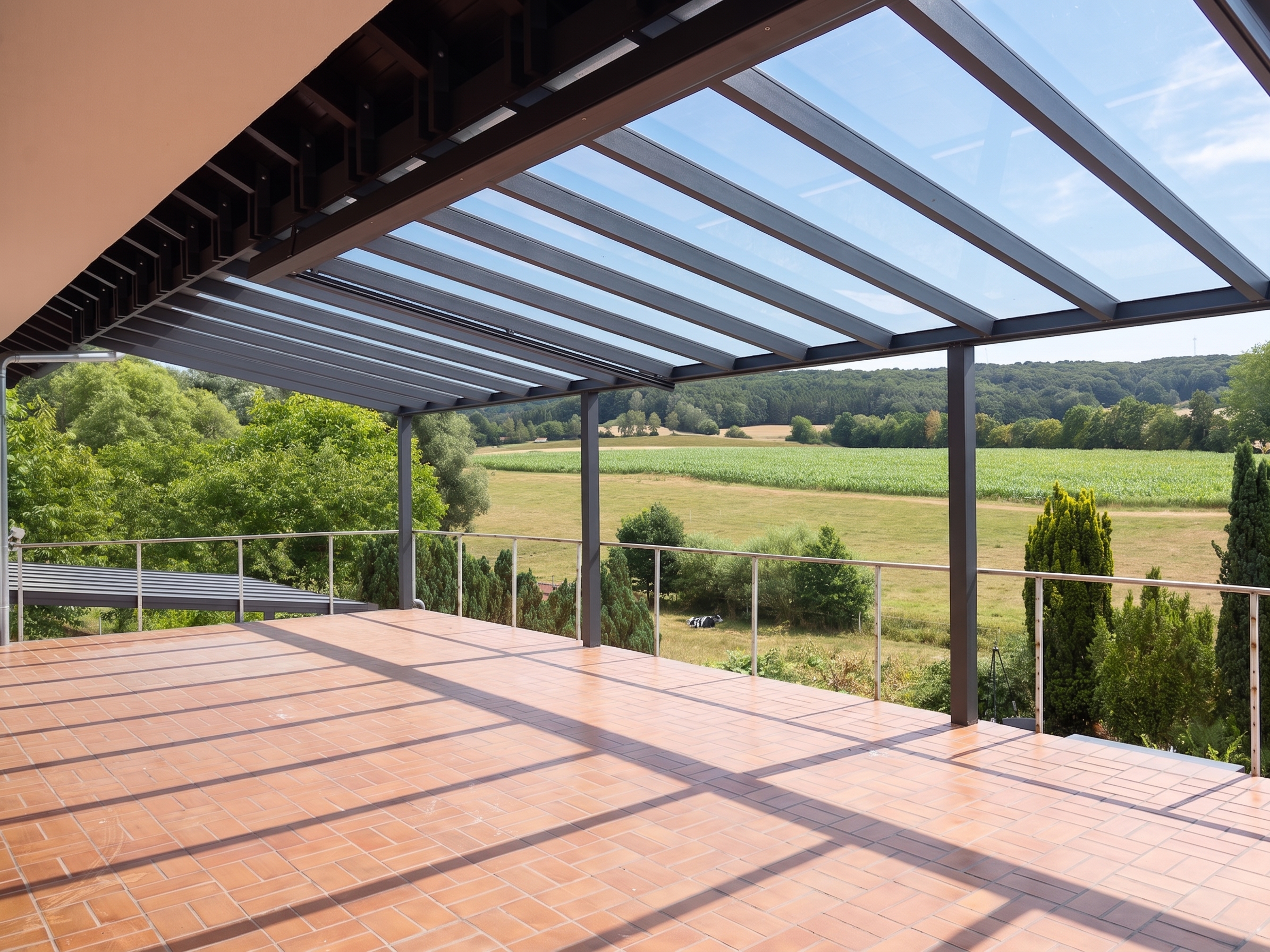 Spacious terrace with terracotta tiles and a modern glass roof, overlooking a scenic green field and forest. [AI-generated text] [AI-modified]