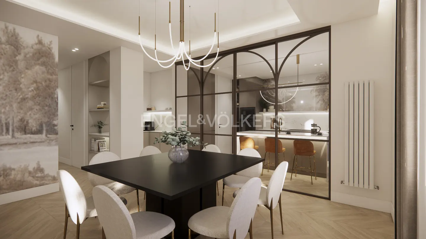 Modern dining room with a black table, white chairs, and a glass-paneled wall looking into a kitchen with bar stools.