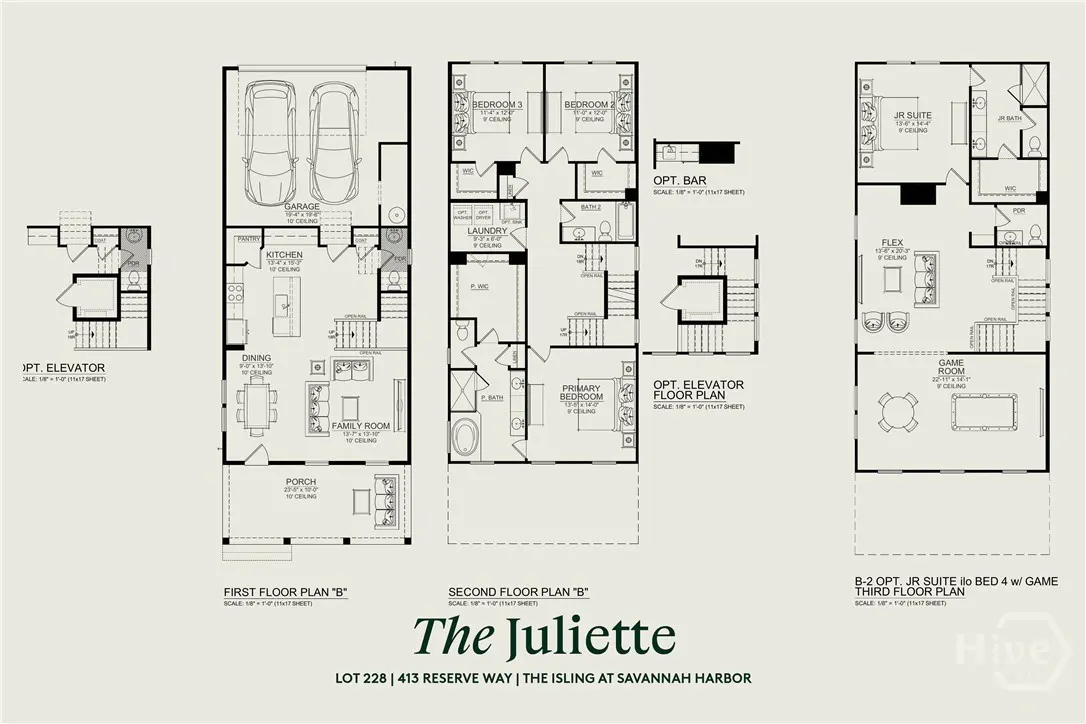 Floor plan for "The Juliette" home, featuring three floors with a garage, bedrooms, kitchen, and game room.